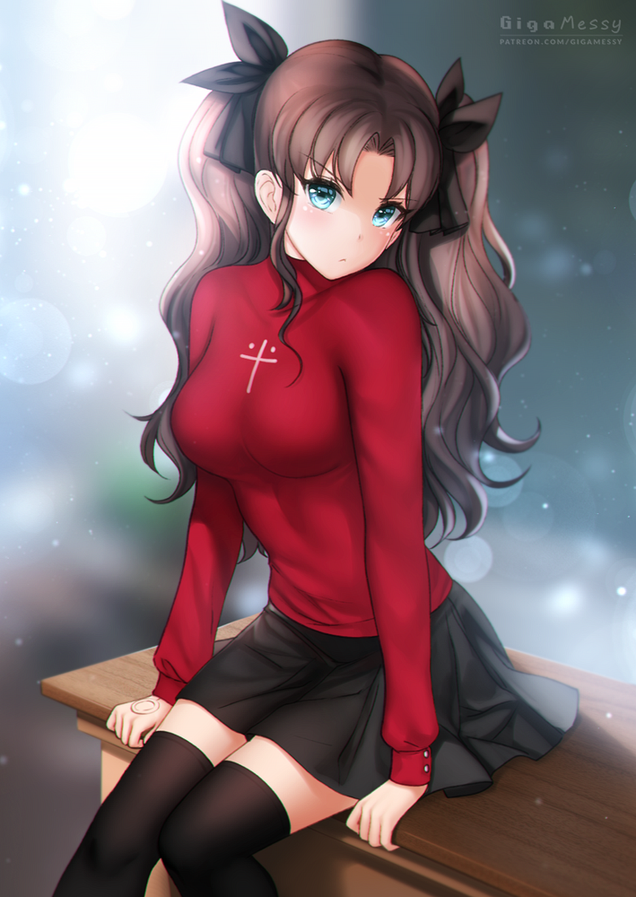 black_hair black_skirt cross fate/stay_night fate_(series) gigamessy pout red_shirt shirt sitting skirt tohsaka_rin twintails