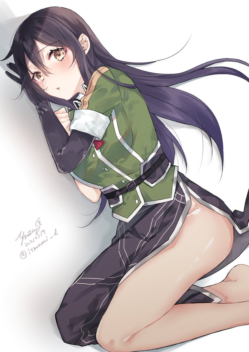 1girl barefoot black_eyes black_gloves black_hair breasts chikuma_(kancolle) commentary_request dated elbow_gloves gloves highres kantai_collection large_breasts long_hair lying military military_uniform on_side one-hour_drawing_challenge pantyhose pelvic_curtain puffy_short_sleeves puffy_sleeves remodel_(kantai_collection) saiki_yuzuri short_sleeves single_elbow_glove single_glove solo twitter_username uniform