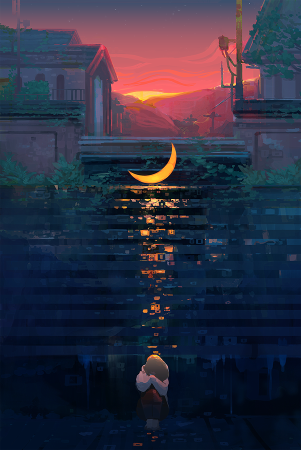 clouds crescent_moon denis_istomin house leaf moon original plant scenery sky stairs sunset surreal twilight