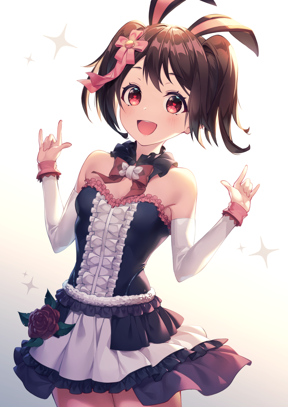 1girl :d \m/ animal_ears bangs bare_shoulders black_dress black_hair blush bow breasts center_frills cowboy_shot detached_sleeves double_\m/ dress flower frilled_dress frills gradient gradient_background grey_background hair_ornament hands_up heart heart-shaped_pupils highres kyouou_ena long_sleeves looking_at_viewer love_live! love_live!_school_idol_festival open_mouth rabbit_ears red_bow red_eyes red_flower red_rose rose small_breasts smile solo sparkle standing strapless strapless_dress symbol-shaped_pupils twintails upper_teeth white_background white_sleeves yazawa_nico