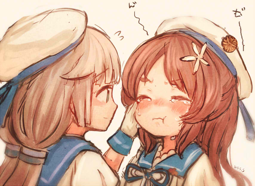 2girls blue_sailor_collar brown_hair closed_eyes commentary_request crying green_eyes grey_hair hand_on_another's_face hat kantai_collection long_hair low_twintails mikura_(kancolle) multiple_girls sailor_collar sailor_hat sailor_shirt shirt short_sleeves tears twintails upper_body wavy_hair white_headwear white_shirt wss_(nicoseiga19993411) yashiro_(kancolle)