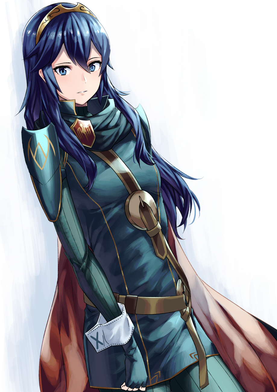 1girl ameno_(a_meno0) armor blue_eyes blue_hair cape emblem fingerless_gloves fire_emblem fire_emblem_awakening gloves highres long_hair long_sleeves looking_at_viewer lucina_(fire_emblem) shoulder_armor simple_background solo symbol-shaped_pupils tiara white_background