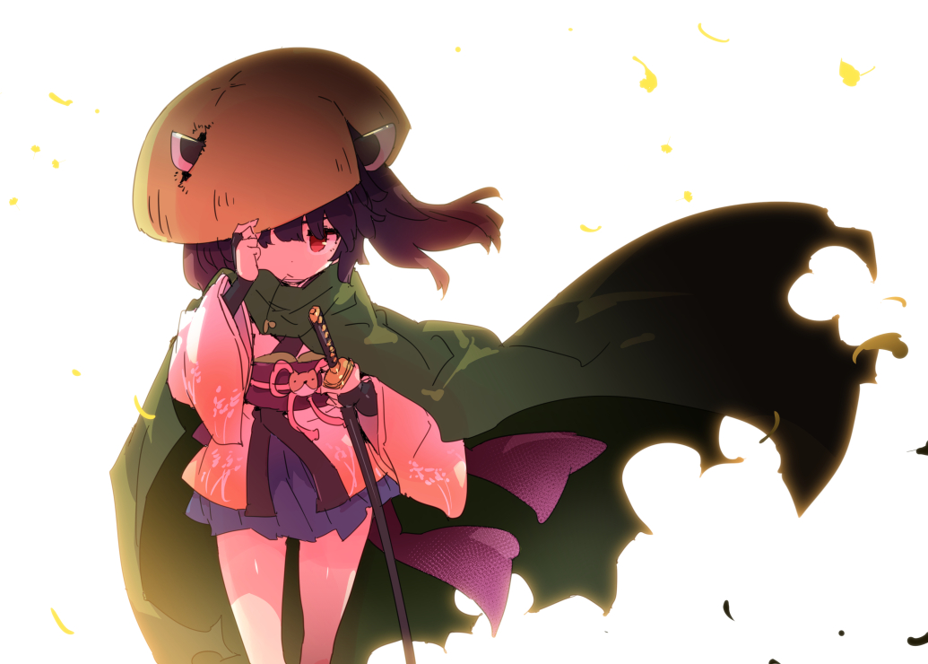 1girl bangs bow bridal_gauntlets brown_hair cape cloak floating_cape floating_hair green_cape hand_on_sheath hat headgear japanese_clothes katana kimono looking_at_viewer obi one_eye_covered petenshi_(dr._vermilion) pink_bow red_eyes sandogasa sash sheath sheathed short_hair short_kimono skirt stalk_in_mouth straw_hat sword touhoku_kiritan voiceroid waist_bow walking weapon wide_sleeves wind