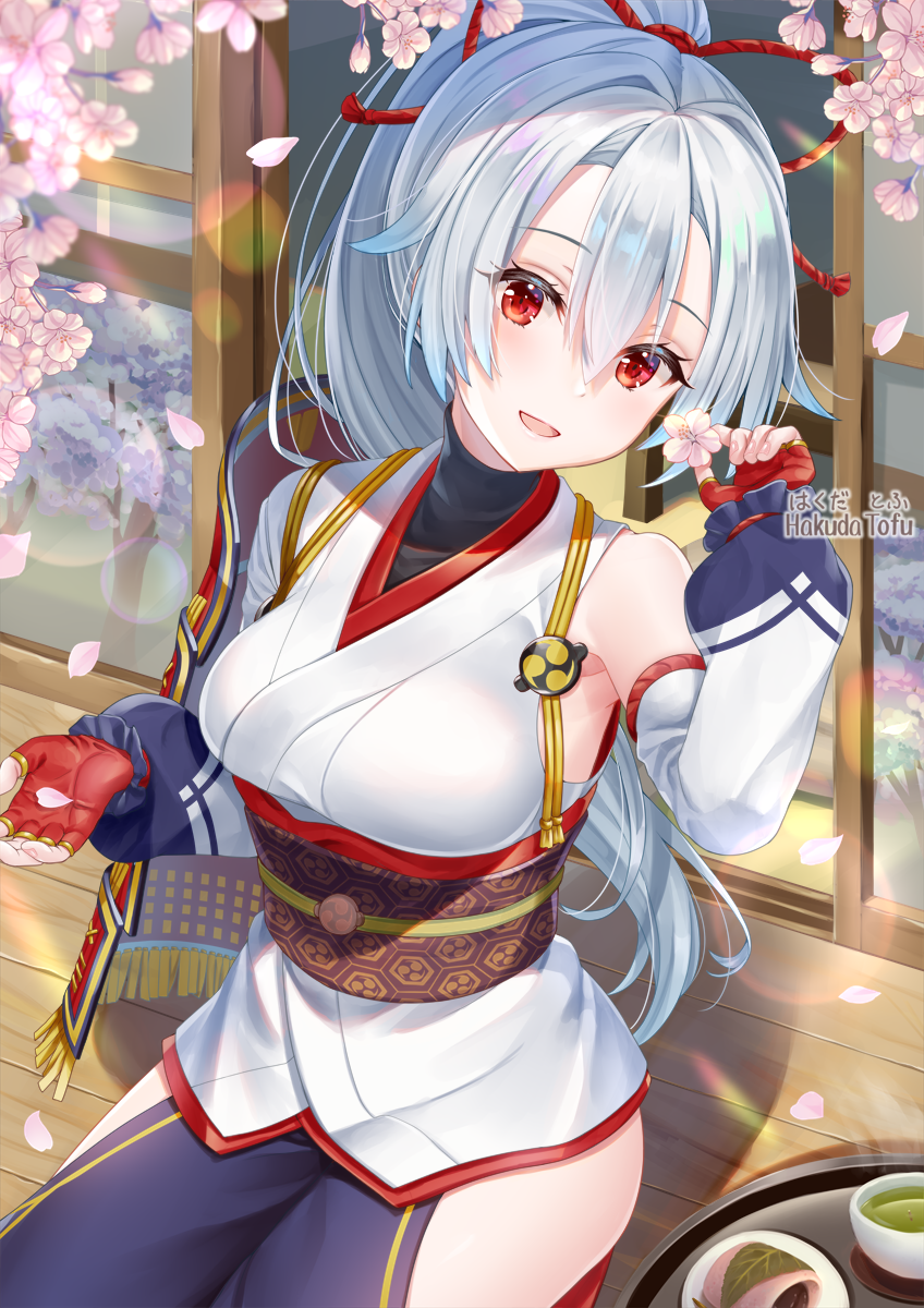 1girl architecture artist_name bangs blue_hakama breasts cherry_blossoms detached_sleeves east_asian_architecture fate/grand_order fate_(series) fingerless_gloves gloves hair_between_eyes hakama hakuda_tofu highres hip_vent japanese_clothes kimono large_breasts long_hair looking_at_viewer obi petals ponytail red_eyes red_gloves sash short_kimono side_slit silver_hair single_sleeve sitting smile tomoe_gozen_(fate) white_kimono