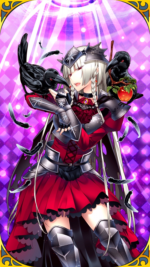 1girl apple arm_guards armor artist_request braid breastplate character_request choker copyright_request dress earrings faulds food forehead_protector fruit greaves hime_cut jewelry juliet_sleeves leg_armor long_hair long_sleeves open_mouth puffy_sleeves raven_(animal) red_eyes solo spaulders thighhighs twig twin_braids white_hair zettai_ryouiki