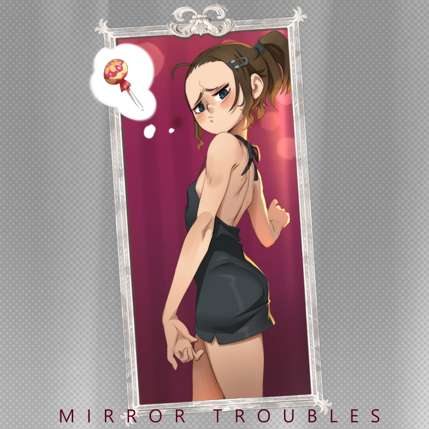 1girl ahoge ass back backless_dress backless_outfit black_dress blue_eyes blush breasts brown_hair candy dress english_commentary female_pov food forehead hair_ornament hairclip lollipop looking_at_mirror mirror no_bra original ponytail pov sad short_dress short_ponytail small_breasts solo spaghetti_strap standing strap_gap thought_bubble weight_conscious xavier_houssin