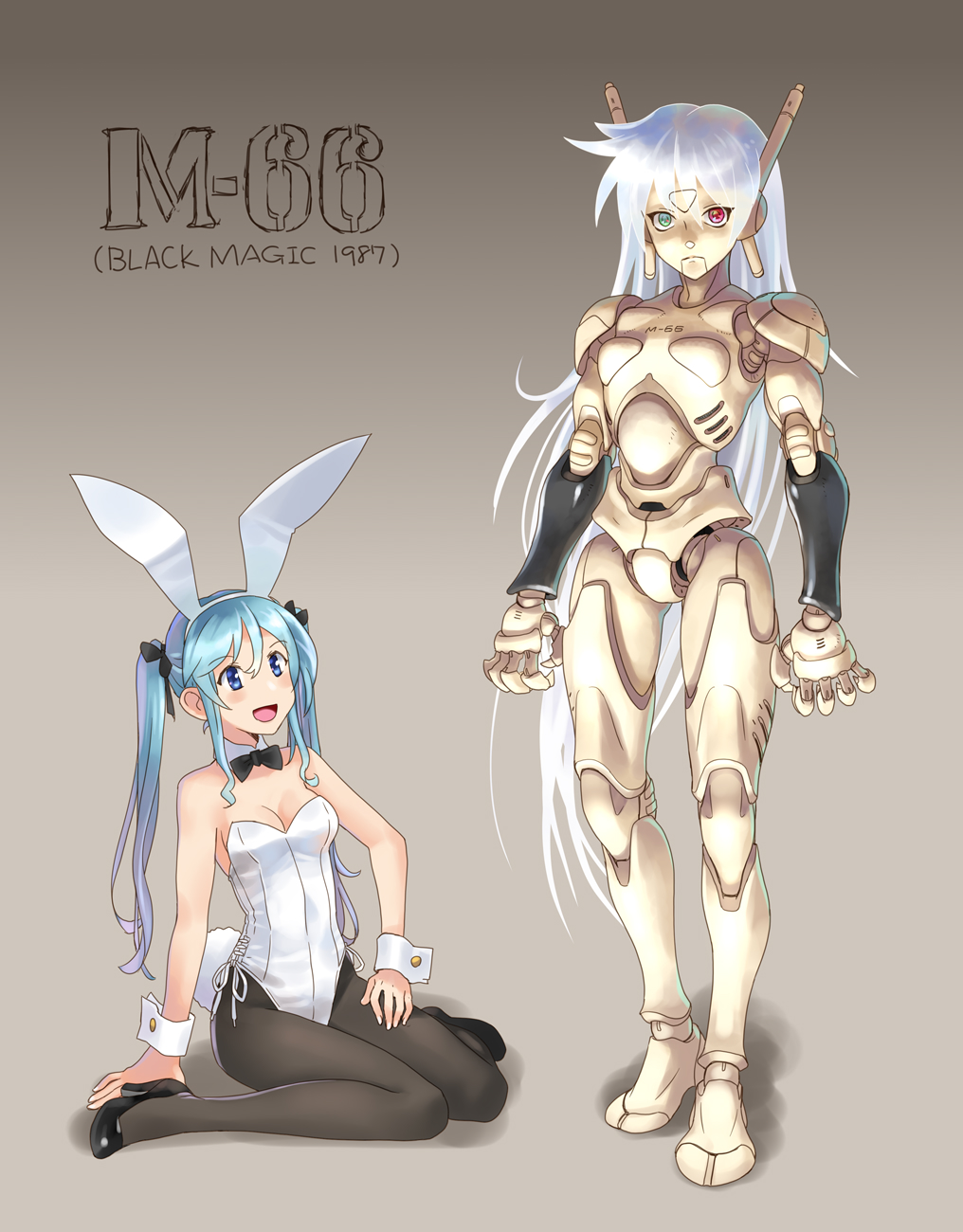 2girls android animal_ears bangs black_footwear black_magic_m-66 black_neckwear blue_eyes bow bowtie detached_collar fake_animal_ears hair_behind_ear hair_between_eyes heterochromia high_heels highres katahira_masashi kneeling leotard long_hair looking_up m-66 multiple_girls open_mouth pantyhose playboy_bunny playboy_bunny_leotard rabbit_ears red_eyes robot standing twintails very_long_hair white_hair wrist_cuffs