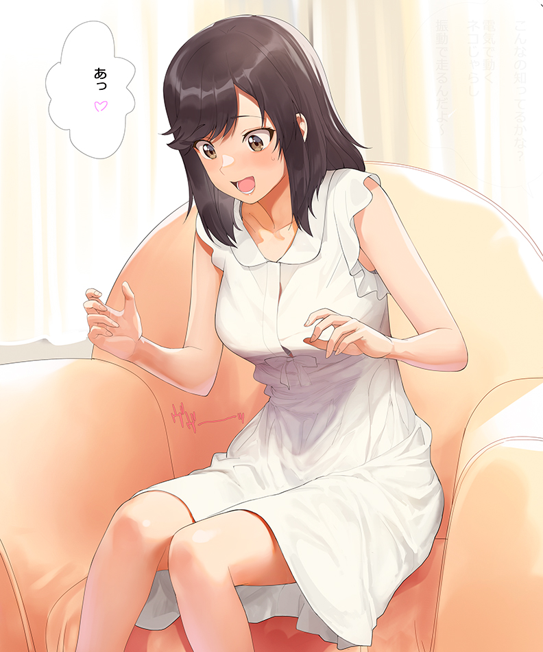 1girl a1 bare_shoulders breasts brown_eyes brown_hair button_gap commentary_request couch dress ichijou_hotaru medium_breasts non_non_biyori open_mouth sitting sleeveless sleeveless_dress smile solo speech_bubble sweatdrop twitter_username white_dress