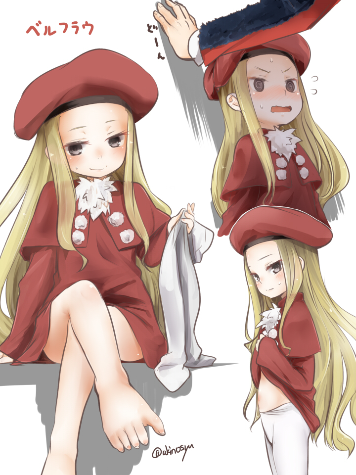 1girl @_@ akino_shuu barefoot belfraw_martini beret blonde_hair capelet commentary_request crossed_legs dress dress_lift flying_sweatdrops forehead grey_eyes hat holding lifted_by_self long_sleeves multiple_views pantyhose pantyhose_removed red_capelet red_dress red_headwear shadow sitting summon_night summon_night_3 translation_request twitter_username wall_slam white_background white_legwear