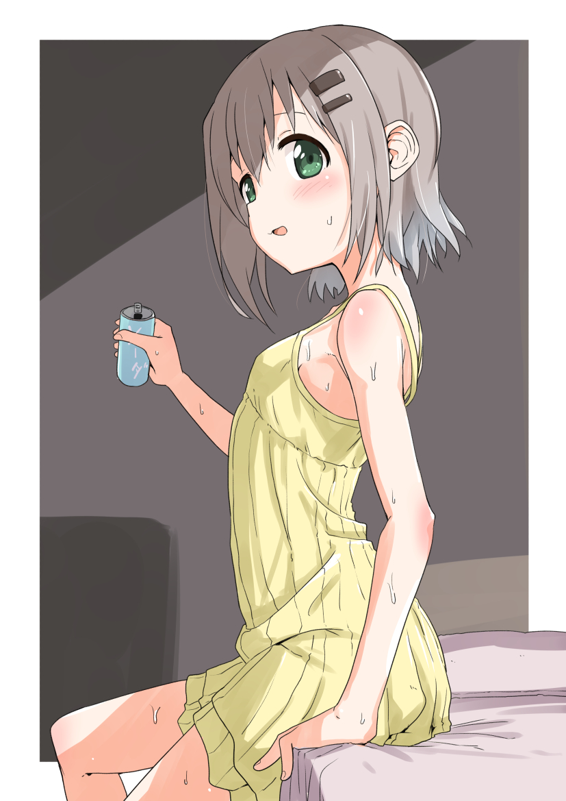 1girl bare_shoulders can commentary_request dress from_side green_eyes grey_hair hair_ornament hairclip kohshibasaki looking_at_viewer on_bed short_dress short_hair sitting sitting_on_bed sleeveless sleeveless_dress solo spaghetti_strap sundress sweat yama_no_susume yellow_dress yukimura_aoi