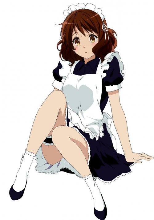 1girl amber_eyes ass auburn_hair bare_legs black_flats black_footwear blush breasts brown_hair censored convenient_censoring curly_hair embarrassed flats garter_belt garterbelt hibike!_euphonium kumiko kumiko_oumae leg_censor leg_garter lingerie maid maid_apron maid_dress maid_headdress oumae_kumiko red_hair ribbon servant shocked short_hair small_mouth socks surprised teenage thick_thighs thighs uniform white_background white_socks