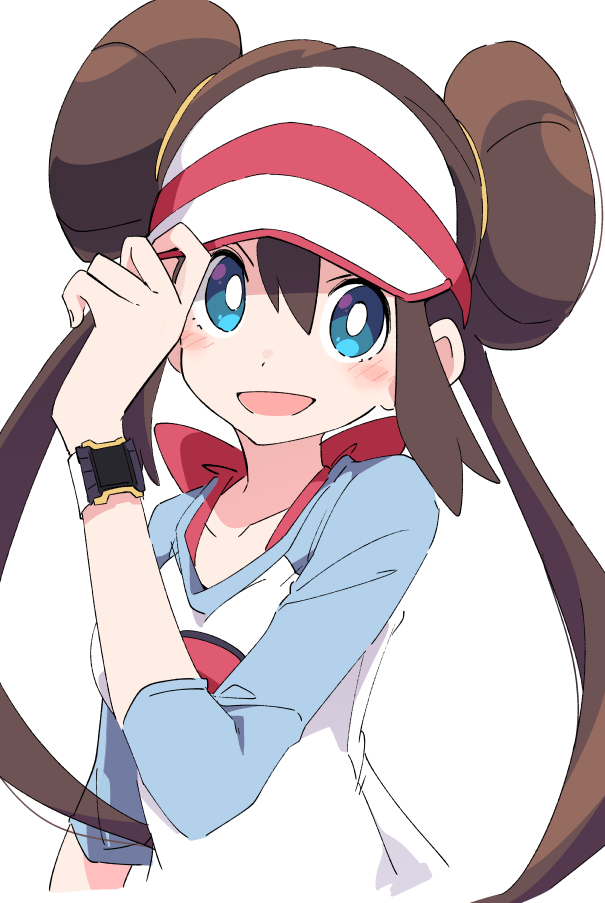 1girl blue_eyes blush brown_hair commentary_request double_bun ixy long_hair looking_at_viewer open_mouth pokemon pokemon_(game) pokemon_bw2 raglan_sleeves rosa_(pokemon) simple_background smile solo twintails upper_body visor_cap white_background