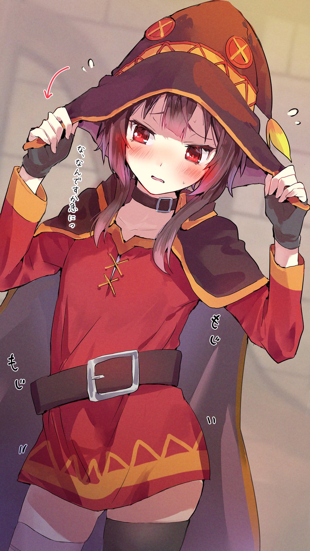 1girl bandaged_leg bandages belt black_gloves black_headwear blush brown_belt brown_cape brown_choker brown_hair cape choker commentary_request fingerless_gloves gloves hat highres kono_subarashii_sekai_ni_shukufuku_wo! megumin open_mouth red_eyes short_hair single_thighhigh solo thigh-highs tomozero wavy_mouth witch_hat