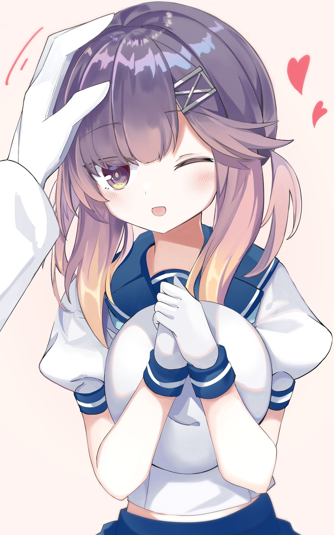 1boy 1girl admiral_(kancolle) blue_sailor_collar blue_skirt blush fathom gloves hat hat_removed headwear_removed heart highres holding holding_clothes holding_hat kantai_collection long_hair motion_lines one_eye_closed open_mouth puffy_short_sleeves puffy_sleeves purple_hair sailor_collar sailor_hat school_uniform serafuku short_sleeves skirt smile solo_focus tsushima_(kancolle) upper_body white_gloves white_headwear yellow_eyes