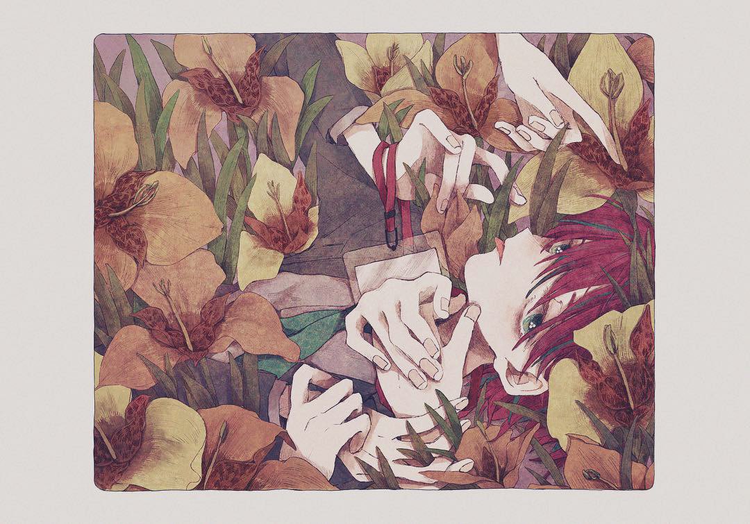 androgynous border flower grass green_eyes grey_border grey_nails hands lanyard leaf looking_at_viewer momo_walnut original plant purple_background redhead short_hair solo tongue tongue_out yellow_flower