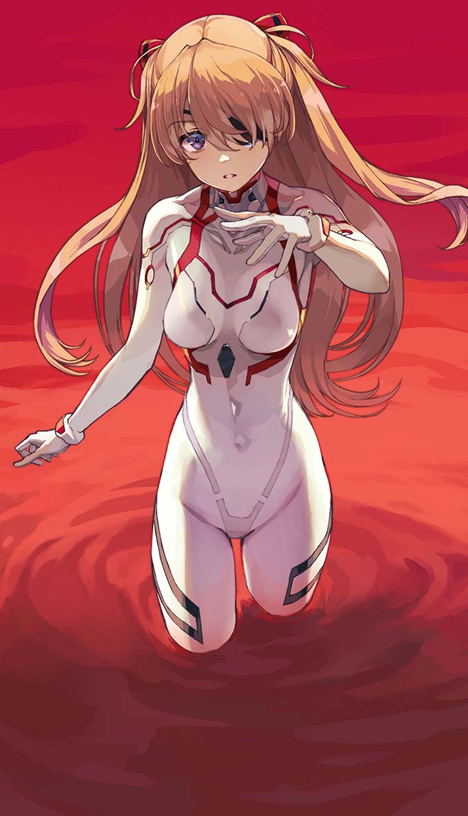 1girl blue_eyes breasts commentary_request covered_navel evangelion:_3.0+1.0_thrice_upon_a_time eyebrows_visible_through_hair eyepatch hair_between_eyes long_hair looking_at_viewer medium_breasts neon_genesis_evangelion nishii_(nitroplus) orange_hair partially_submerged plugsuit rebuild_of_evangelion shikinami_asuka_langley solo souryuu_asuka_langley two_side_up