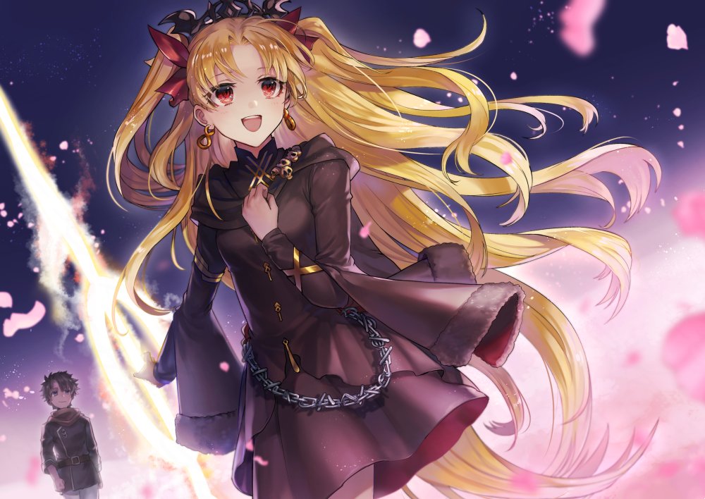 1boy 1girl black_dress black_eyes black_hair black_jacket blonde_hair dress earrings ereshkigal_(fate) fate/grand_order fate_(series) flower fujimaru_ritsuka_(male) headband holding holding_weapon jacket jewelry long_hair mozu_suka open_mouth red_eyes scarf short_hair smile very_long_hair weapon