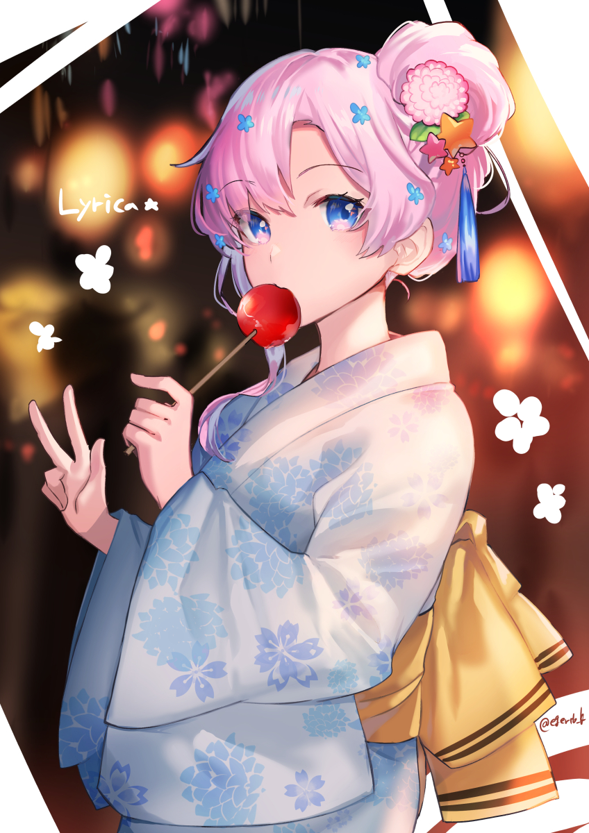 1girl alternate_hairstyle artist_name blue_flower bow candy_apple character_name eating flower food from_side hair_bun hair_flower hair_ornament highres holding holding_food indie_virtual_youtuber japanese_clothes kgr kimono looking_at_viewer lyrica_(vtuber) pink_flower pink_hair solo star_(symbol) star_hair_ornament v virtual_youtuber yellow_bow yukata