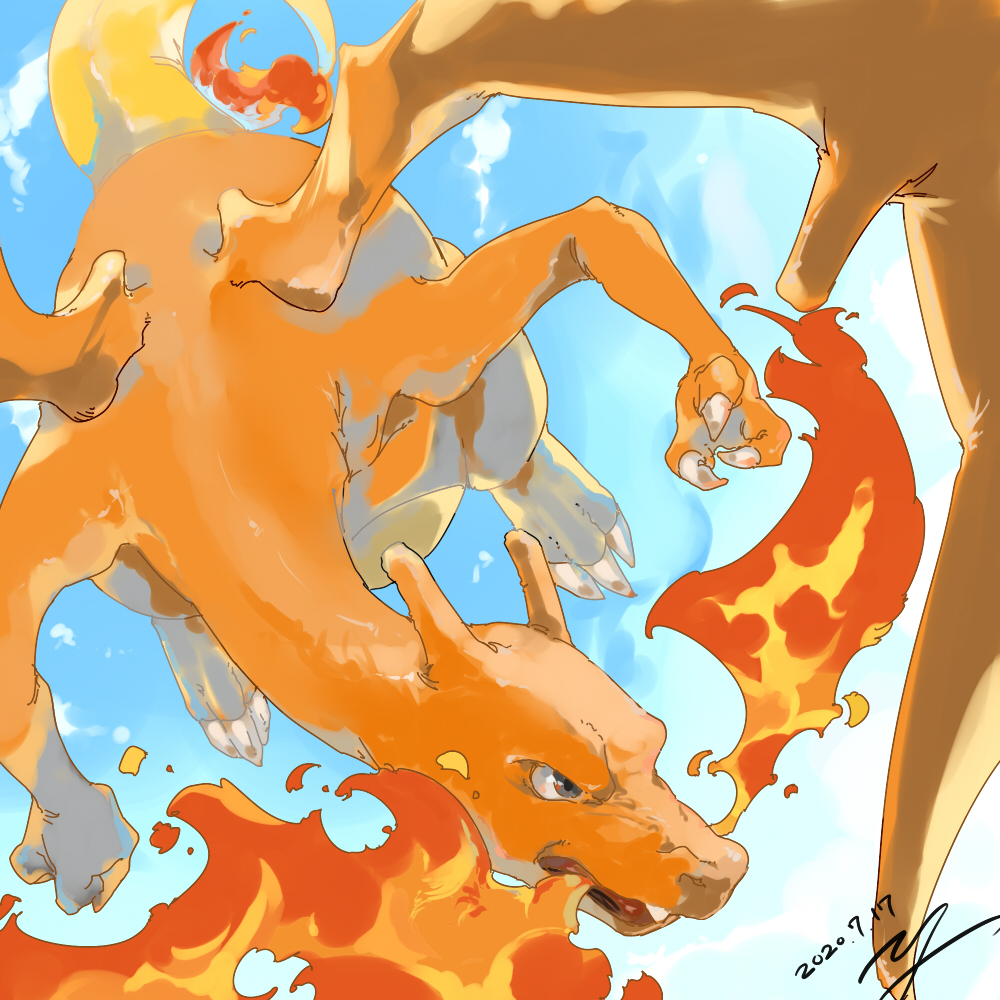 breathing_fire charizard claws clouds commentary_request dated day fire flying gen_1_pokemon grey_eyes no_humans outdoors pokemon pokemon_(creature) signature sky solo yu_ikedon