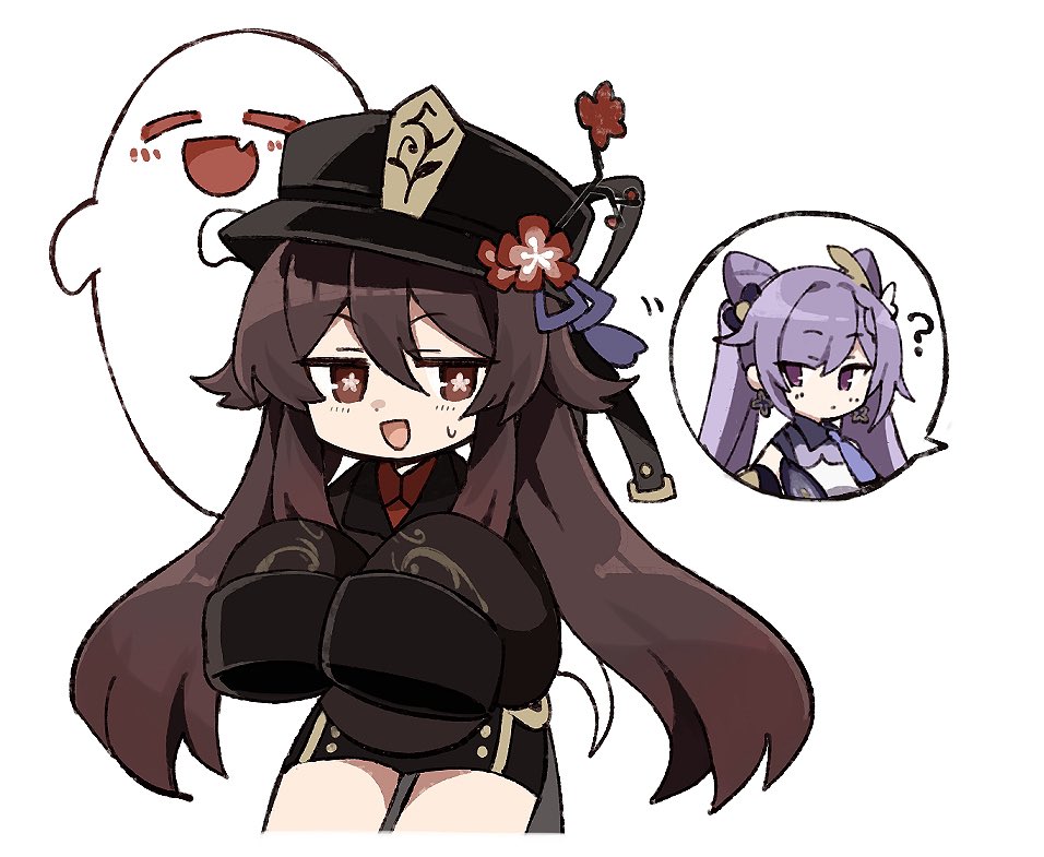 2girls ? bangs black_shorts brown_hair double_bun eyebrows_visible_through_hair flower flower-shaped_pupils freenote_mr genshin_impact ghost hair_between_eyes hair_ornament hat hat_flower hu_tao keqing_(genshin_impact) long_hair long_sleeves multiple_girls open_mouth plum_blossoms purple_hair red_eyes red_flower shorts sidelocks simple_background sleeves_past_fingers sleeves_past_wrists sweat tailcoat twintails violet_eyes white_background