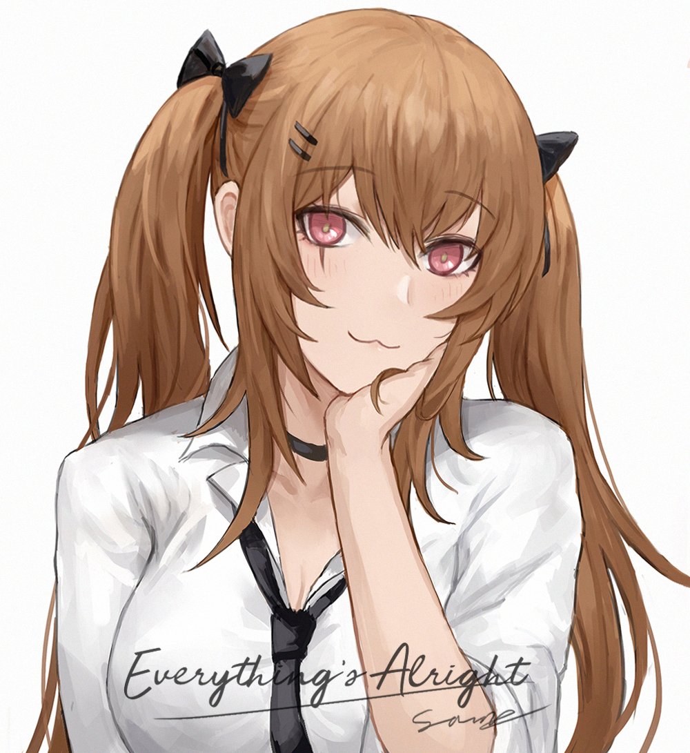 1girl artist_name bangs black_bow black_choker black_neckwear blush bow breasts brown_hair choker closed_mouth commentary_request english_text eyebrows_visible_through_hair girls_frontline hair_bow hand_on_head long_hair looking_at_viewer necktie scar scar_across_eye selcky shirt solo twintails ump9_(girls_frontline) uwu violet_eyes white_background white_shirt