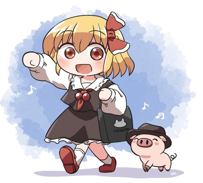 1girl animal animal_ears black_dress black_vest blonde_hair blurry blurry_background blush brown_footwear chibi dress eighth_note hand_up hat holding holding_purse musical_note outdoors petticoat pig pig_tail red_ribbon ribbon rokugou_daisuke rumia shadow simple_background tail touhou vest