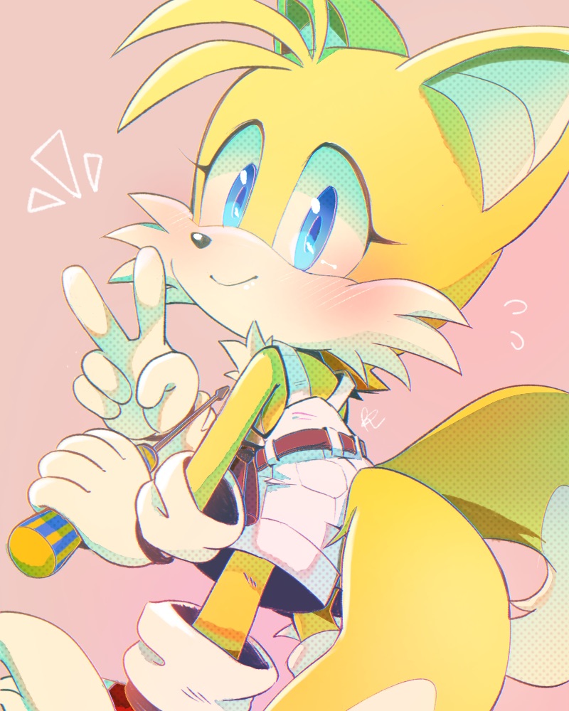 1girl animal_nose belt blue_eyes blush closed_mouth flying_sweatdrops fox_girl furry genderswap genderswap_(mtf) gloves holding_screwdriver looking_at_viewer misuta710 mixed-language_commentary multiple_tails overalls screwdriver smile solo sonic_(series) tail tails_(sonic) two_tails v white_gloves