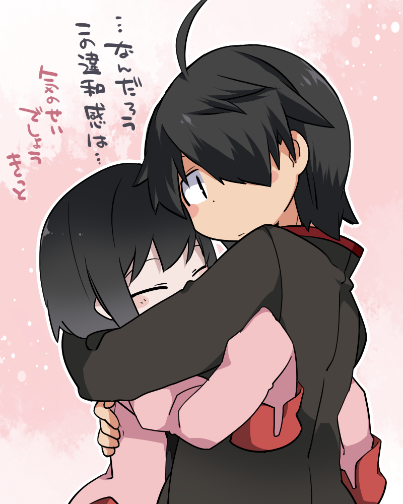 1boy 1girl ahoge araragi_koyomi arms_around_back bangs black_eyes black_hair black_jacket blush_stickers bob_cut chibi closed_eyes expressionless face-to-face gakuran hair_over_one_eye hammer_(sunset_beach) hands_on_another's_back height_difference hug jacket looking_at_viewer looking_back monogatari_(series) naoetsu_high_school_uniform oshino_ougi owarimonogatari pale_skin pink_background pink_shirt school_uniform shirt short_hair sleeves_past_fingers sleeves_past_wrists smile translated upper_body