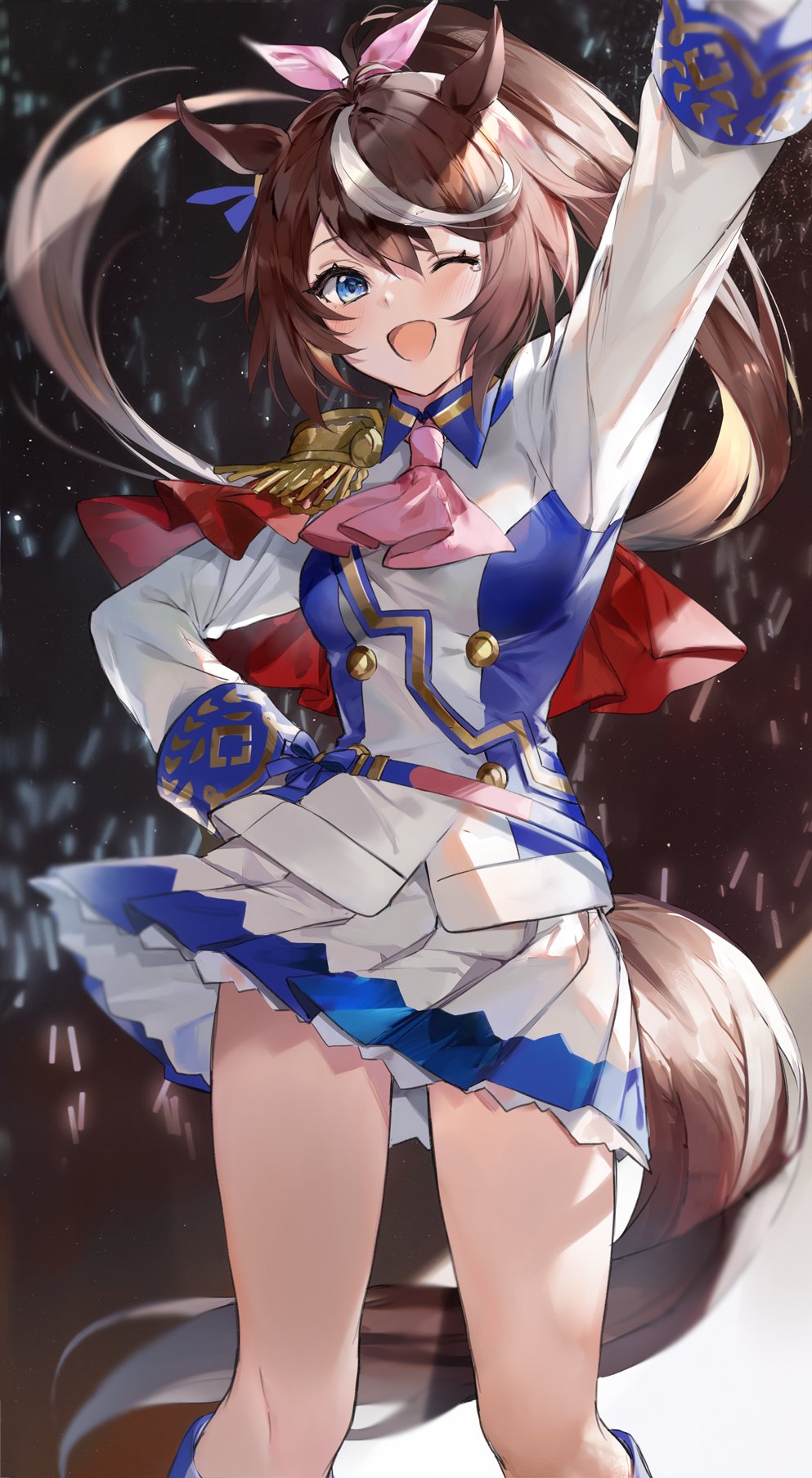 1girl ;d animal_ears arm_up ascot bangs belt blue_eyes blue_ribbon blush breasts brown_hair capelet concert epaulettes feet_out_of_frame glowstick hair_ribbon hand_on_hip high_ponytail highres hinahino horse_ears horse_girl horse_tail long_hair long_sleeves medium_breasts miniskirt multicolored_hair one_eye_closed open_mouth pink_neckwear pink_ribbon pleated_skirt red_capelet ribbon skirt smile standing streaked_hair tail tears two-tone_skirt umamusume very_long_hair white_hair