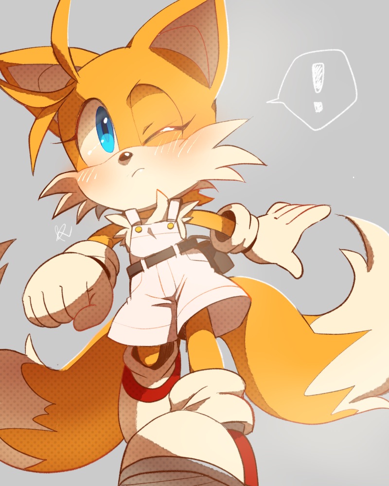 ! 1girl animal_nose belt blue_eyes blush closed_mouth fox_girl furry genderswap genderswap_(mtf) gloves misuta710 mixed-language_commentary multiple_tails one_eye_closed overalls solo sonic_(series) spoken_exclamation_mark tail tails_(sonic) two_tails walking white_gloves