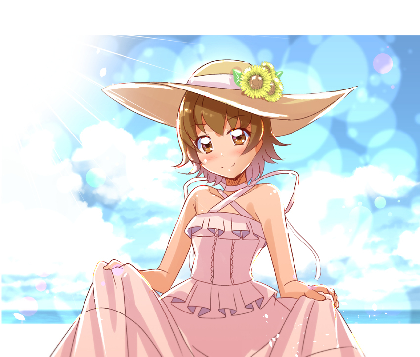 1girl blurry blurry_background border brown_hair choker collarbone criss-cross_halter day dress flower halterneck hat hat_flower hat_ribbon heartcatch_precure! lens_flare letterboxed looking_at_viewer mitumi_mira myoudouin_itsuki ocean outside_border precure ribbon shiny shiny_hair short_hair skirt_hold sleeveless sleeveless_dress solo standing summer sun_hat sundress sunlight white_border white_choker white_dress white_ribbon yellow_flower