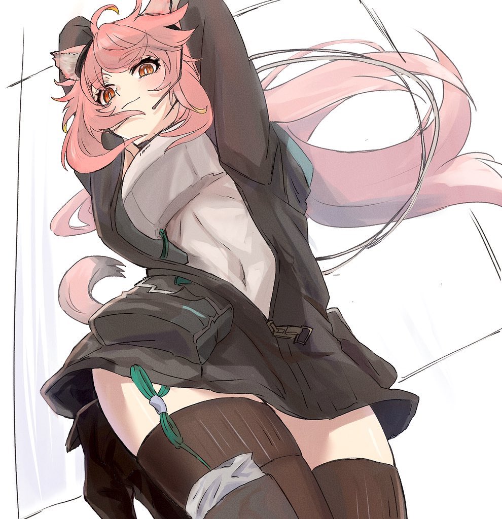 1girl animal_ear_fluff animal_ears arknights armor bangs bare_shoulders black_footwear black_jacket blush bodysuit boots breastplate breasts brown_eyes brown_legwear commentary_request cowboy_shot gravel_(arknights) headgear headset high_heel_boots high_heels jacket knee_boots konota_ko leg_up long_sleeves looking_at_viewer medium_breasts mouse_ears mouse_girl mouse_tail open_clothes open_jacket partial_bodysuit pink_hair sidelocks smile tail thick_eyebrows thigh-highs unzipped weapon white_background white_bodysuit