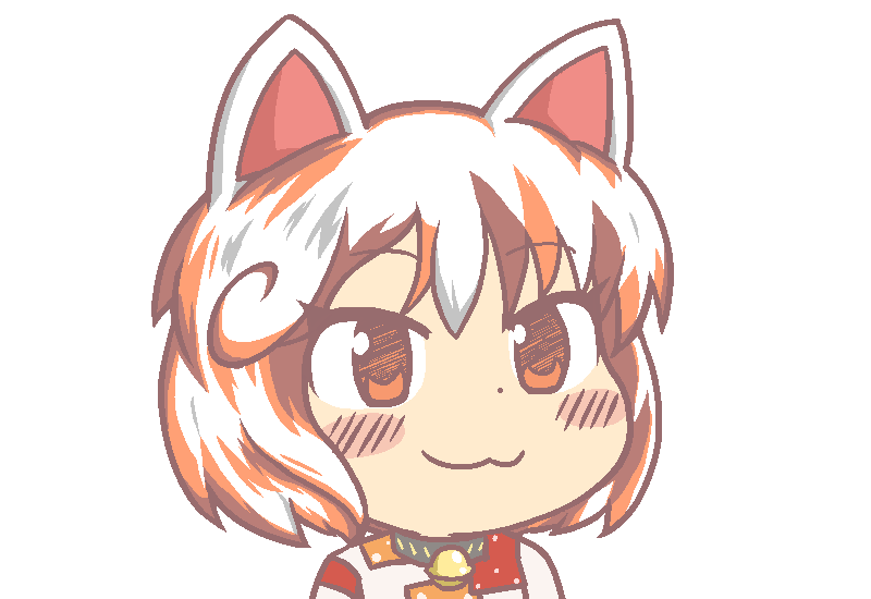 1girl :3 animal_ears bell blush brown_eyes brown_hair cat_ears commentary_request dot_nose goutokuji_mike gyate_gyate ikiyouz multicolored_hair neck_bell orange_hair portrait short_hair solo touhou white_background white_hair