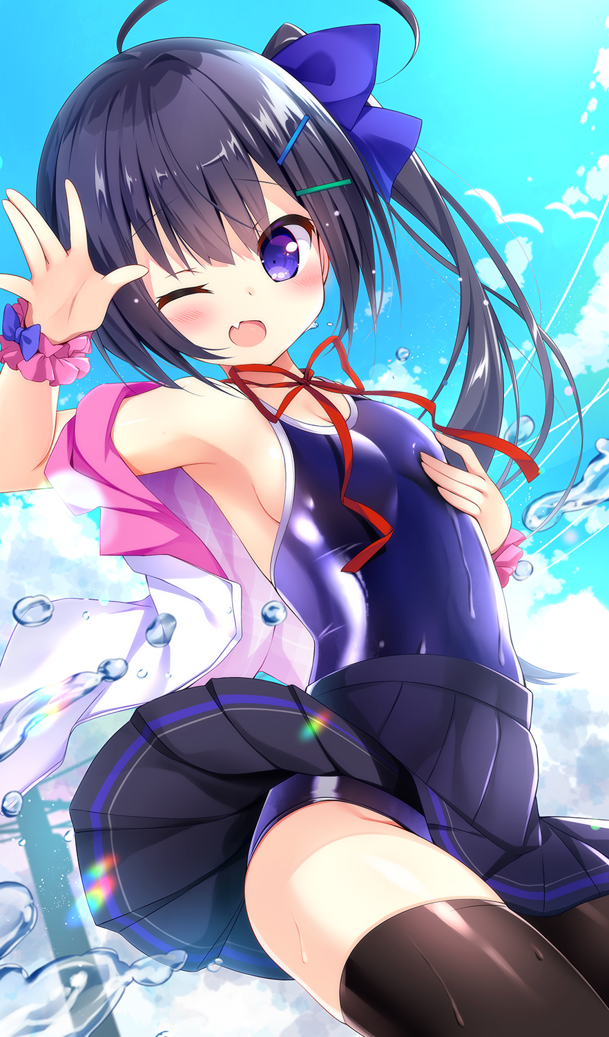 1girl black_hair black_legwear blue_eyes blue_skirt blue_sky blue_swimsuit clouds commentary_request competition_school_swimsuit cowboy_shot fang flat_chest hatsuhi highres jacket long_hair looking_at_viewer neck_ribbon open_clothes open_jacket original pink_jacket pleated_skirt red_ribbon ribbon school_swimsuit scrunchie side_ponytail skin_fang skirt sky smile solo splashing swimsuit swimsuit_under_clothes thigh-highs water