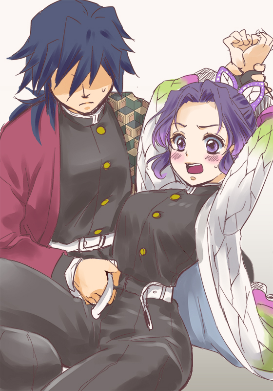 1boy 1girl arms_behind_head arms_up asuma_shin belt belt_buckle black_hair black_jacket black_pants blue_hair buckle butterfly_hair_ornament gradient_hair hair_ornament hair_over_eyes haori jacket japanese_clothes kimetsu_no_yaiba kochou_shinobu long_hair long_sleeves multicolored_hair pants purple_hair short_hair tomioka_giyuu undressing_another white_belt wrist_grab