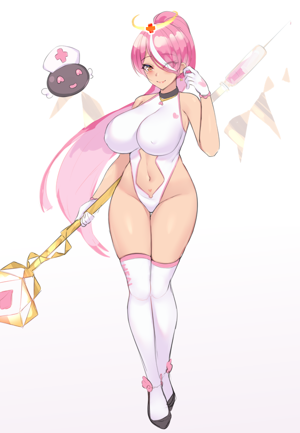 clothing_cutout covered_nipples eyebrows_visible_through_hair eyes_visible_through_hair gloves halo heart kuavera leotard mole mole_under_eye multicolored_hair original pink_hair smile staff stomach_cutout streaked_hair syringe thigh-highs white_gloves white_legwear