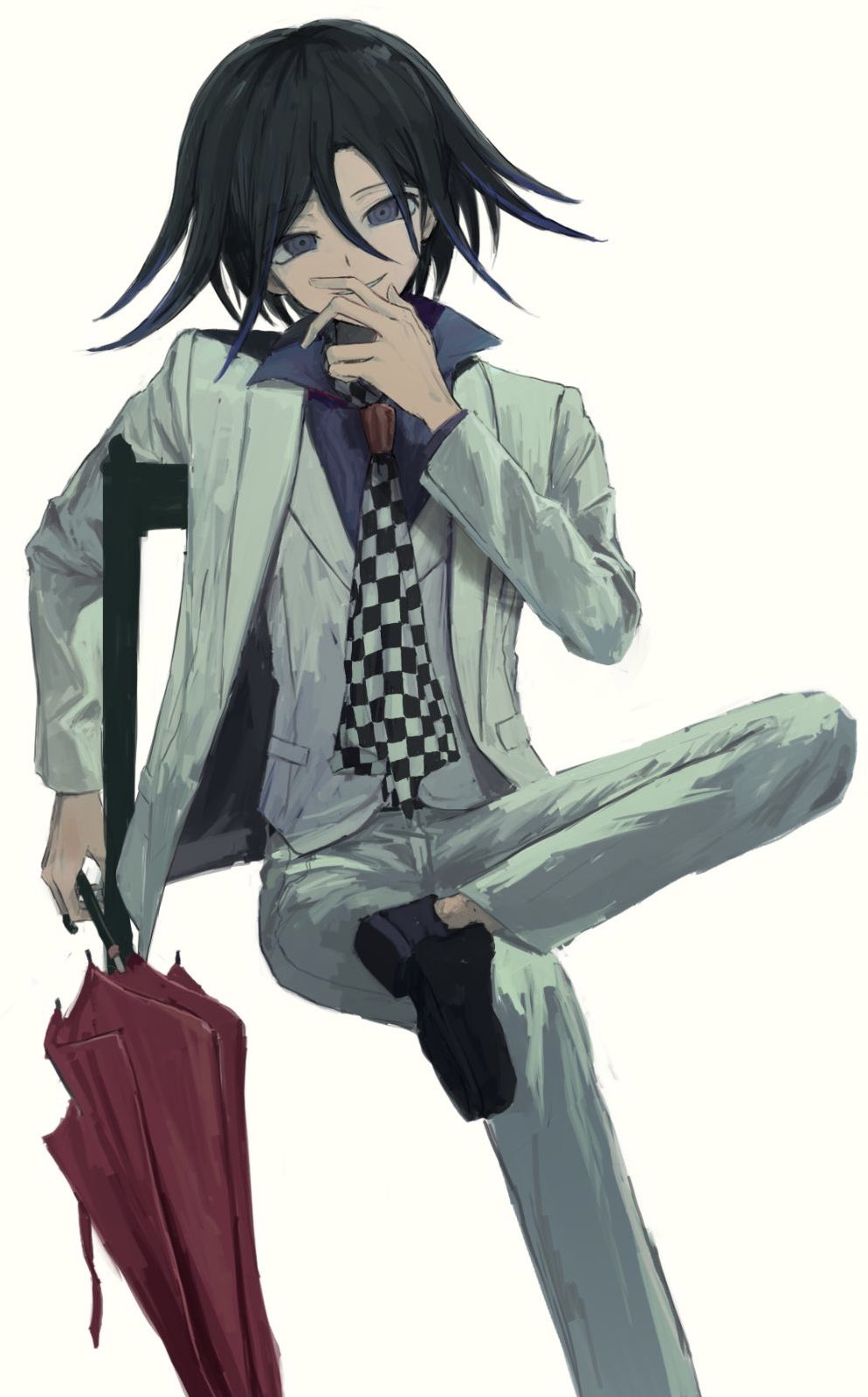 1boy bangs black_footwear black_hair checkered dangan_ronpa_(series) dangan_ronpa_10th_anniversary_costume dangan_ronpa_v3:_killing_harmony hair_between_eyes highres holding invisible_chair iumi_urura jacket long_sleeves looking_at_viewer male_focus official_alternate_costume ouma_kokichi pants purple_hair red_umbrella scarf shirt shoes short_hair simple_background sitting smile solo umbrella violet_eyes white_jacket white_pants