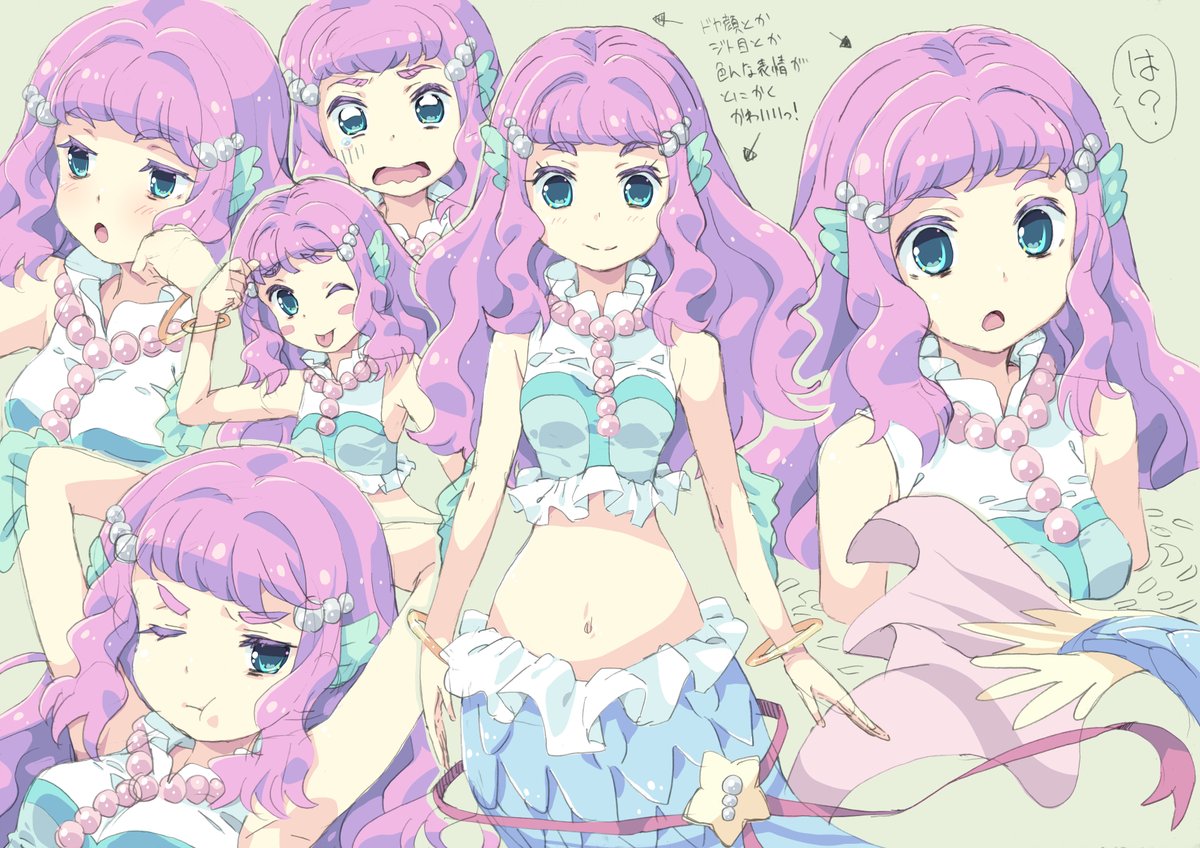 1girl :o ;p ;t armpits arms_up bangs bare_shoulders blue_eyes blush blush_stickers bracelet commentary cowboy_shot crop_top green_background hair_ornament head_fins homing_(areya) jewelry laura_(precure) long_hair looking_at_viewer mermaid midriff monster_girl multiple_girls navel necklace one_eye_closed open_mouth pearl_hair_ornament pearl_necklace pink_hair precure simple_background sketch sleeveless smile tearing_up tehepero thick_eyebrows tongue tongue_out translated tropical-rouge!_precure wavy_mouth