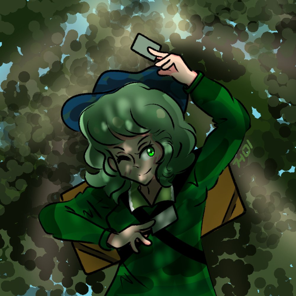 1girl anthony_gummy camouflage card collared_dress dress green_dress green_eyes green_hair hand_up hat holding holding_card light_rays long_sleeves looking_to_the_side one_eye_closed pose signature touhou unconnected_marketeers yamashiro_takane
