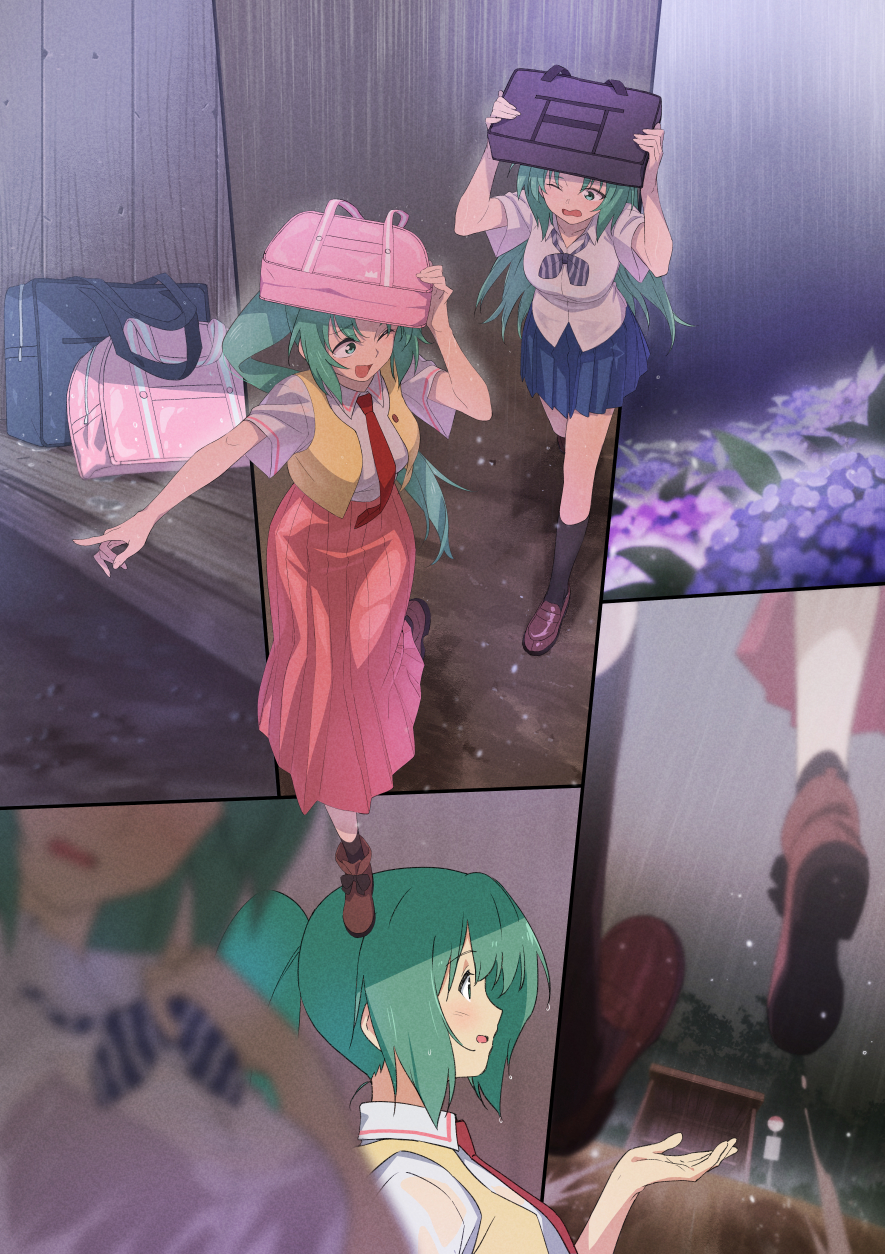 2girls ;d bag black_legwear blurry blurry_foreground boots bra brown_footwear floating_hair green_eyes green_hair gulim highres higurashi_no_naku_koro_ni holding holding_bag index_finger_raised kneehighs loafers long_hair multiple_girls one_eye_closed open_mouth outdoors outstretched_arm ponytail rain running school_bag shirt shoes siblings sisters skirt smile sonozaki_mion sonozaki_shion split_screen striped striped_neckwear twins underwear very_long_hair walking wavy_mouth wet wet_clothes wet_shirt