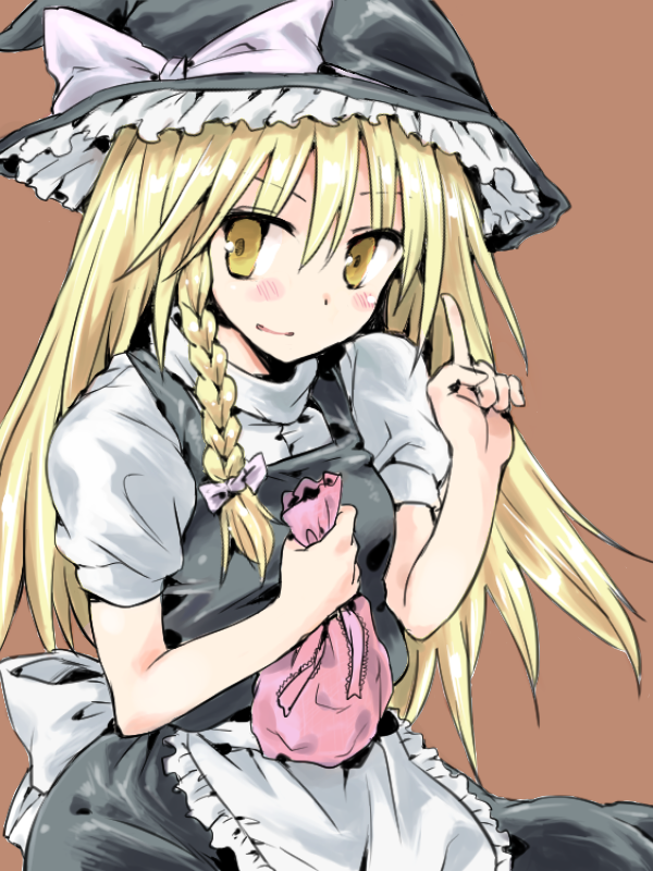 1girl aky_(seiga15395737) apron bag bangs black_headwear black_skirt black_vest blonde_hair blouse blush bow braid brown_background closed_mouth commentary_request cookie_(touhou) cowboy_shot eyebrows_visible_through_hair eyes_visible_through_hair hair_between_eyes hat hat_bow holding holding_bag kirisame_marisa long_hair looking_to_the_side pink_bow puffy_short_sleeves puffy_sleeves purple_bow shiny shiny_hair short_sleeves side_braid simple_background single_braid skirt smile solo touhou uzuki_(cookie) vest waist_apron white_apron white_blouse white_bow witch_hat yellow_eyes