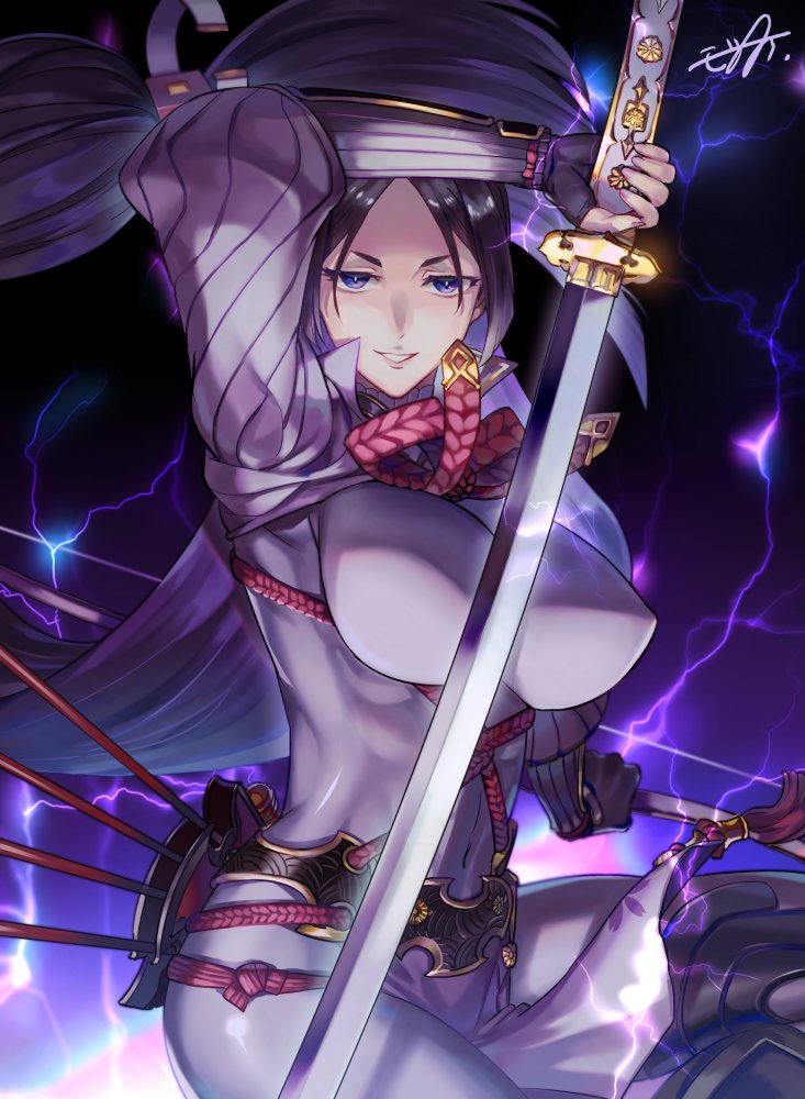 1girl bodysuit bow bow_(weapon) breasts fate/grand_order fate_(series) holding holding_bow_(weapon) holding_sword holding_weapon incoming_attack katana large_breasts long_hair looking_at_viewer minamoto_no_raikou_(fate) mozu_suka purple_hair solo sword thunder very_long_hair violet_eyes weapon
