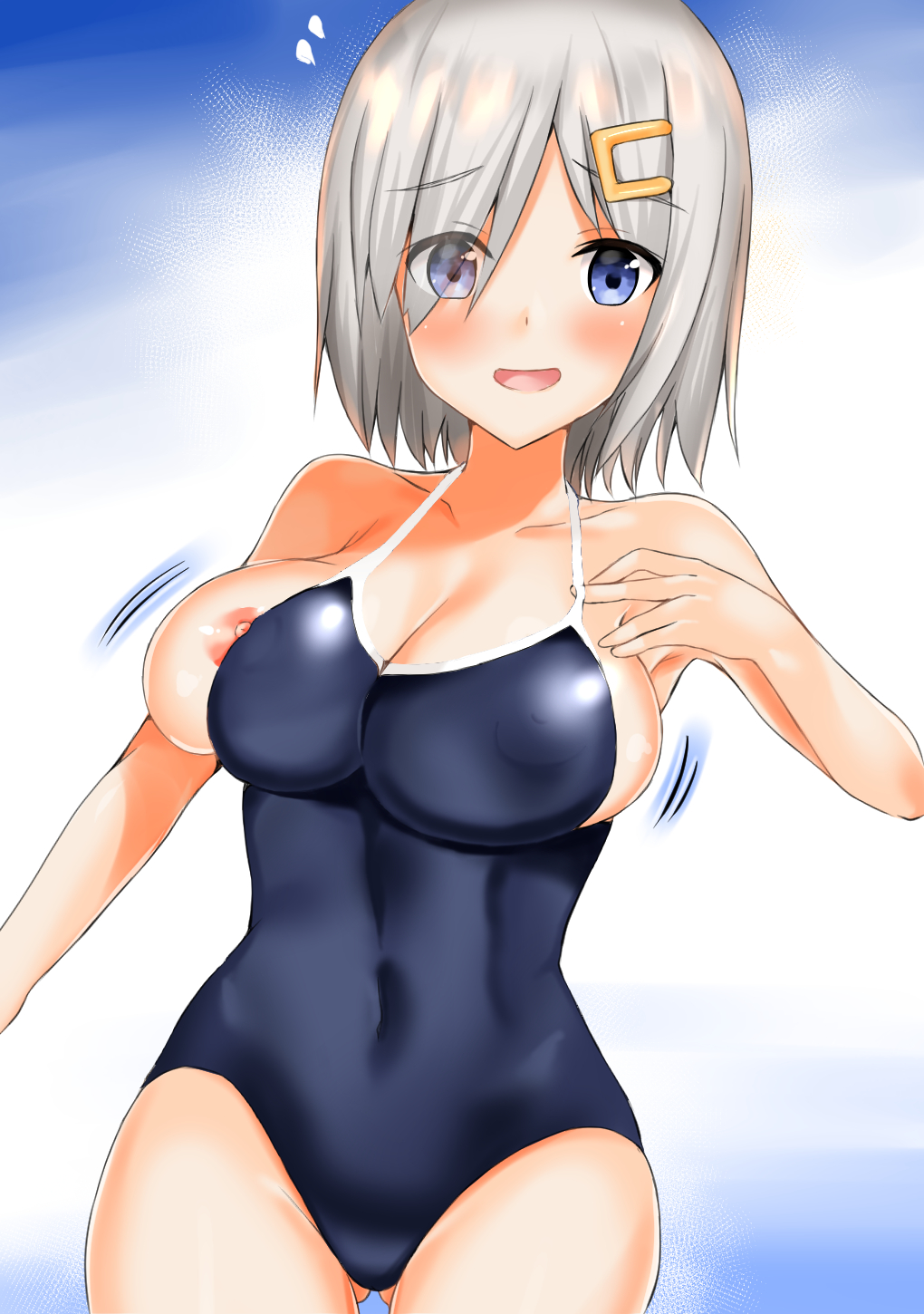 1girl ass_visible_through_thighs blue_eyes blue_swimsuit breasts commentary_request competition_school_swimsuit covered_navel eyes_visible_through_hair gradient gradient_background hair_ornament hair_over_one_eye hairclip hamakaze_(kancolle) highres kantai_collection large_breasts looking_at_viewer masa_(masa_craft_twi) school_swimsuit short_hair silver_hair solo swimsuit swimwear thigh_gap white_background