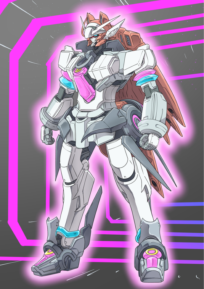 animal_ears blue_eyes clenched_hands crossover gundam horse_ears looking_ahead mecha mechanical_ears mechanization mihono_bourbon mobile_suit niiyan no_humans science_fiction solo standing umamusume v-fin