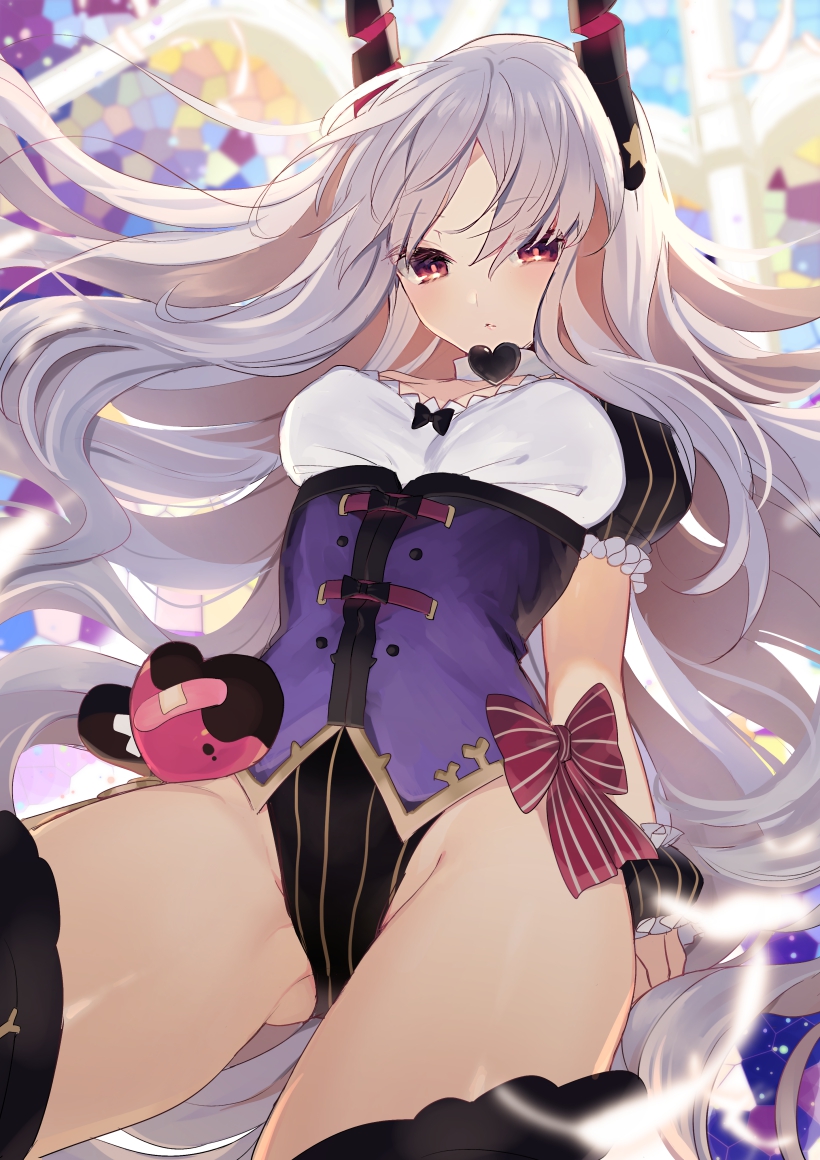 1girl ass_visible_through_thighs black_legwear black_leotard bow choker copyright_request floating_hair frills groin headgear heart kirie_nozomi leotard long_hair looking_at_viewer parted_lips red_bow red_eyes short_sleeves solo striped striped_leotard thigh-highs thighs underbust very_long_hair white_choker white_hair wrist_cuffs