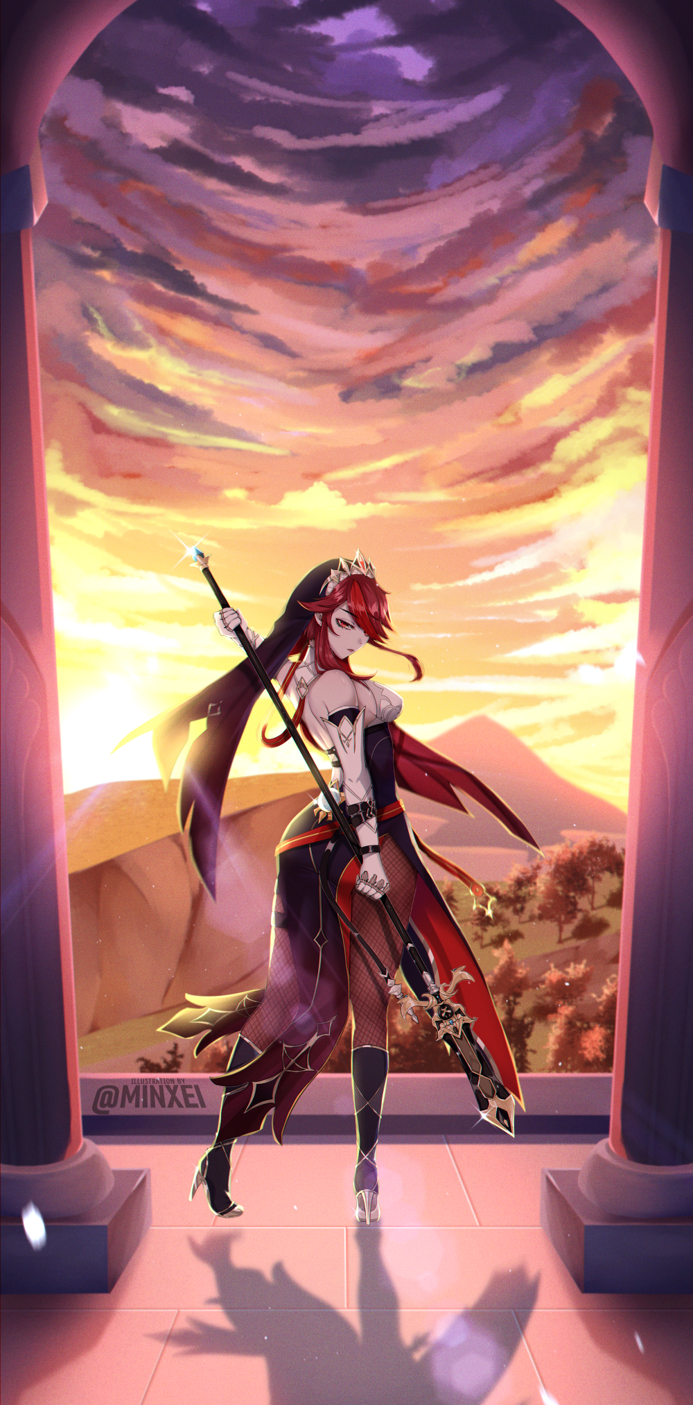 1girl ass black_footwear english_commentary eyebrows_visible_through_hair fishnets floating_hair from_behind genshin_impact habit high_heels highres holding holding_lance holding_polearm holding_weapon lance minxei mountain nun pelvic_curtain polearm red_eyes reward_available rosaria_(genshin_impact) shadow short_hair_with_long_locks solo sunset tree weapon