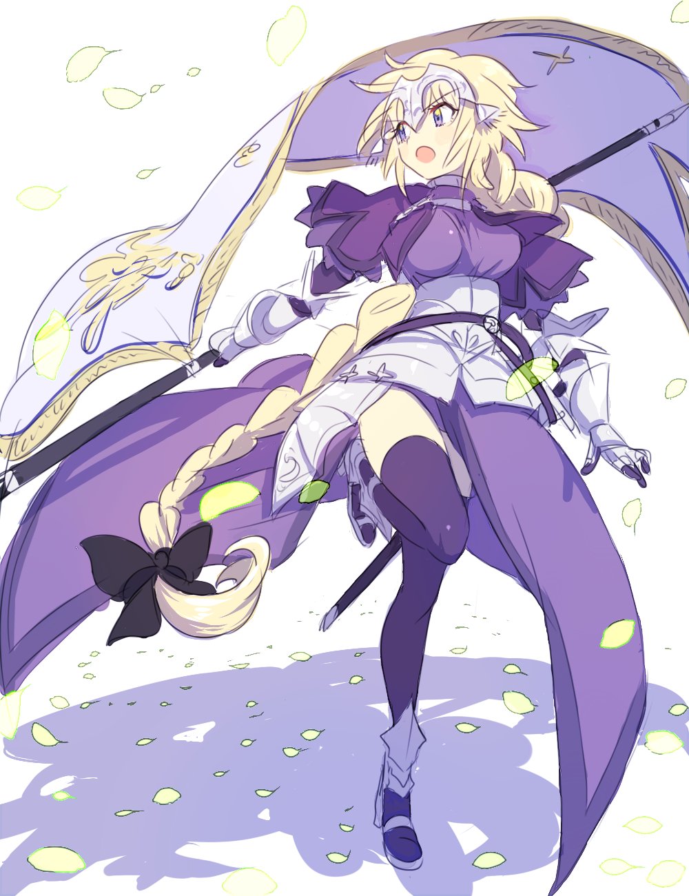 1girl akebono_kt armor armored_dress blonde_hair blue_eyes fate/grand_order fate_(series) flag full_body highres holding holding_flag jeanne_d'arc_(fate) jeanne_d'arc_(fate)_(all) long_hair ponytail purple_legwear simple_background solo standing standing_on_one_leg very_long_hair