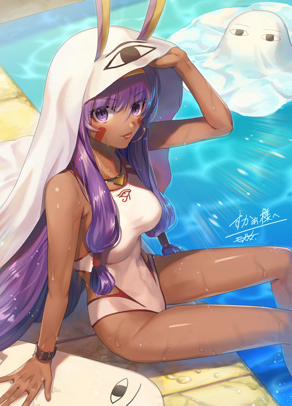 1girl animal_ears bare_legs bare_shoulders bracelet breasts dark_skin dark-skinned_female fate/grand_order fate_(series) highleg highleg_swimsuit jackal_ears jewelry long_hair looking_at_viewer mozu_suka nitocris_(fate) nitocris_(swimsuit_assassin)_(fate) purple_hair solo swimsuit tongue tongue_out very_long_hair violet_eyes