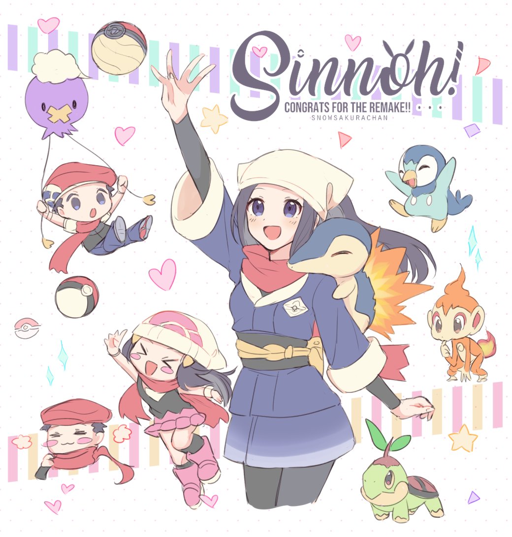 &gt;_&lt; 1boy 2girls :3 :d arm_up beanie blush blush_stickers boots chimchar closed_eyes closed_mouth commentary cyndaquil hikari_(pokemon) drifloon english_text eyelashes female_protagonist_(pokemon_legends:_arceus) floating_hair flying gen_2_pokemon gen_4_pokemon hair_ornament hairclip hanging hat head_scarf heart kneehighs lucas_(pokemon) multiple_girls open_mouth pants piplup poke_ball poke_ball_(basic) poke_ball_(legends) pokemon pokemon_(creature) pokemon_(game) pokemon_dppt pokemon_legends:_arceus ponytail sash scarf shoes smile snowsakurachan starter_pokemon starter_pokemon_trio turtwig white_headwear