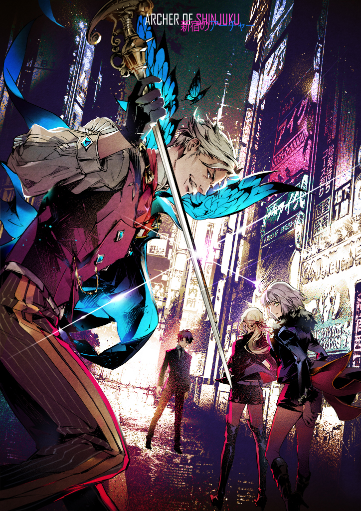 2boys 2girls artoria_pendragon_(all) beard black_gloves black_jacket black_legwear black_suit boots cane denim facial_hair fate/grand_order fate_(series) formal gloves hair_slicked_back holding holding_cane jacket james_moriarty_(fate) jeanne_d'arc_(alter)_(fate) jeanne_d'arc_(fate)_(all) jeans multiple_boys multiple_girls necktie night night_sky old old_man pants ponytail road saber_alter shinjuku_(tokyo) short_hair silver_hair skirt sky standing street suit white_hair wicked_dragon_witch_ver._shinjuku_1999 xiling yellow_eyes